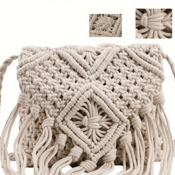Crochet Boho Chic Woven Rope Tassel Crossbody -Ivory - NWT - Picture 1 of 8
